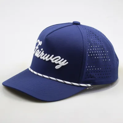 Custom Waterproof Golf Hat With Laser-Cut Holes in Dark Blue, Suitable for Outdoor Use by Both Men and Women, With a Lanyard.