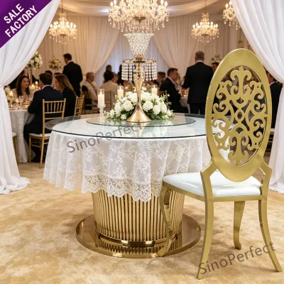 New Product Centerpieces Gold Glass Top Round Luxury Stainless Steel Tables and Chairs for Party Rental