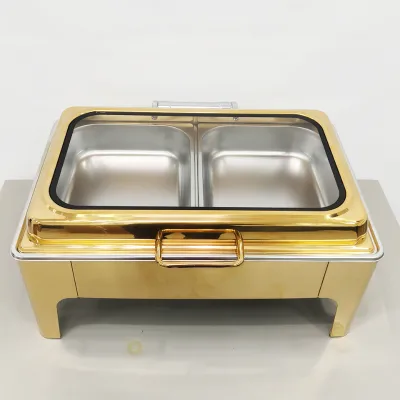 HT15522-RT2 Rectangle Stainless Steel Gold Buffet Stove Flat Cover Insulation for Commercial Kitchen Chafing Dishes