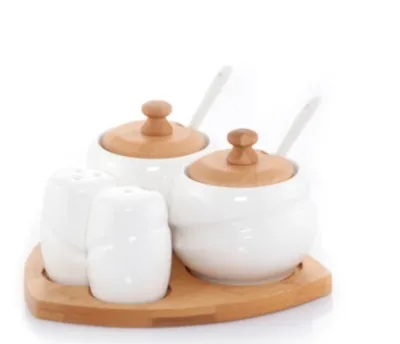 Classic Bowls with Spoons and Salt Pepper Shaker Set Ceramic and Wood Tableware Classic Sugar Bowl Milk Jug