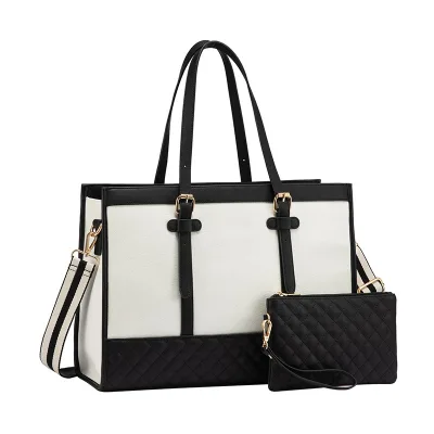 2pc/set Laptop Bag 15.6 in Canvas Leather Tote Bag Large Work Bag With Clutch Purse Office Business Briefcase for Women