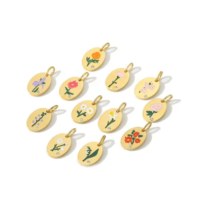 Yiwu Aceon Stainless Steel Oval Medal Mini Size Gold PVD Single Stone Colorful Enamel Month Birth Flower Oval Charm