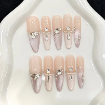 wholesale full cover handmade press on nails Long almond 10pcs handmade french press on nails with beautiful luxury customized