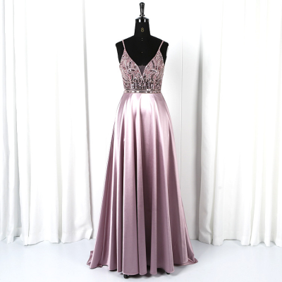 Promotional a Line Spaghetti Strap Deep v Neck Beaded Satin Prom Dresses 2020 Evening Dress Maxi Prom Dress for Ladies