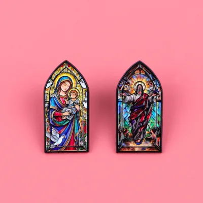 Gothic Arch Stained Pin Virgin Mary and Baby Jesus Jesus Lapel Pin Christian Catholic Religious Brooch Church Souvenir Badge