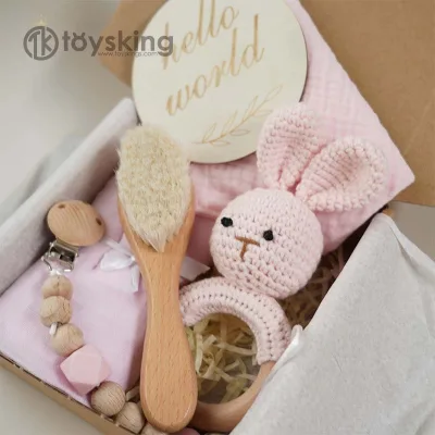 Handmade Crochet Baby Teeth Box with Chewable Bunny Rattle Organic Cotton Bath Time Toy Set for Baby Shower Gift