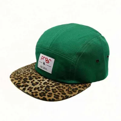 Custom Woven Label Patch Outdoor Green 5 Panel Hat Wholesale Leopard Flat Brim Adjustable Camp Cap