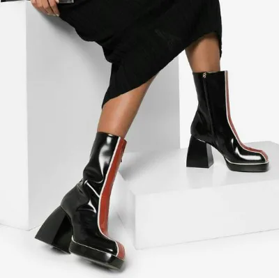 Hand-made Square Heels Women Boots Slip on High Heel Mid-calf Booties Shoes Women Hard-wearing Square Toe Boots for Ladies