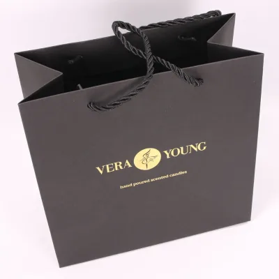 custom design gold foil gold stamp black gift paper bag with your own logo