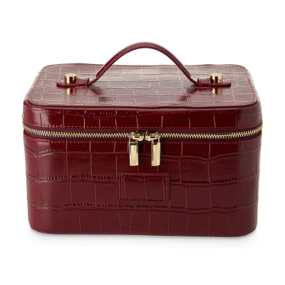 Large Capacity PU Crocodile Croc Embossed Faux Leather Makeup Bag Travel Vanity Cosmetic Case with Removable Divider Insert