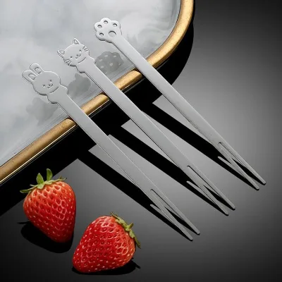 Harmony Animal Head Stainless Steel Eco-Friendly Fruit Pick Small 2-tine Dessert Fork Cartoon Cat Bunny Paw Fork Party Buffet