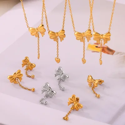 Fashion Stainless Steel Bow Pendant Necklace Chic Bowknot Stud Earrings 18k Gold Plated Waterproof Jewelry Set for Women