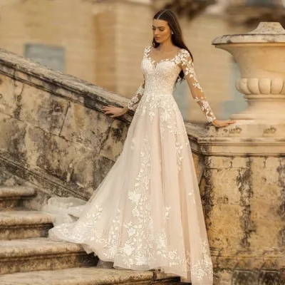 Customized Wedding Dresses Bride Illusion Wedding Dress Elegant Long Sleeves Bridal Gown
