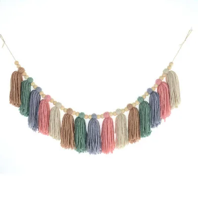 Boho Tassel Rainbow Garland Wall Hanging Decor Wooden Beads Macrame Banner Wall Hanging for Girls Nursery Baby Room