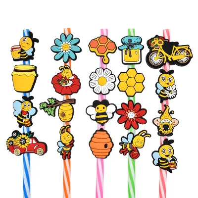 New Pvc Colorful Straw Topper Covers Straw Cover Cute Bees and Honey Pvc Set Attachment Straw Topper