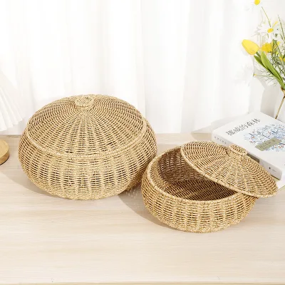 High Quality PP Rattan Handwoven Large Storage Basket With Lid For Home Food Daily Sundries Storage