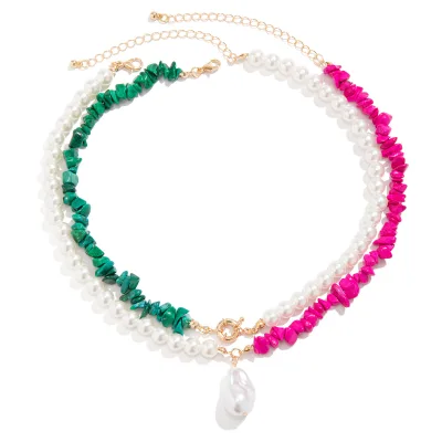 DUYIZHAO European and American Summer Beach Double Layered Rosy Green Stones Pearl Beaded Necklace for Women Gift Daily Wear