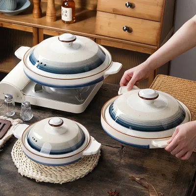 Double-Handle Gradient Blue Ceramic Casserole Pot Clay Pot for Gas Stove Home Restaurant Use