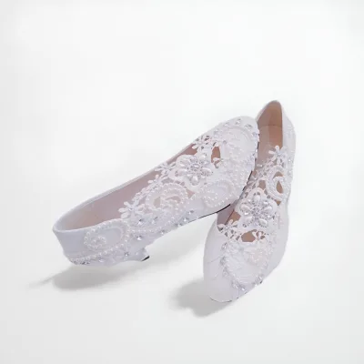 2024 Women Fashion Sweet White Flower Lace Platform High Heels Pearls Wedding Shoes 3cm 5cm 8cm11cm  Bride Dress Shoes