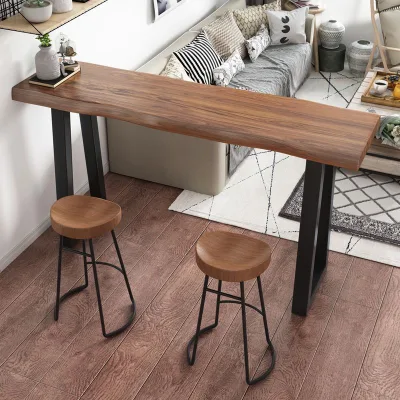 Live Edge Solid Wood Bar Table With Metal Legs, Industrial Counter Height Bar Counter, Long Wooden High Pub Table for Home Cafe