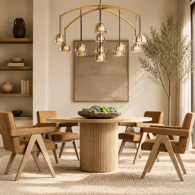 Modern Ribbed Base Round Dining Table & Fabric Dining Chairs, Complete Dining Room Furniture Set for Villa Home