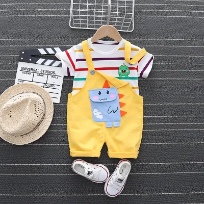 Wholesale Kids Clothes Boy Plain Chromatic Stripe T-shirt And Yellow Cartoon Pant Suits From China Supplier