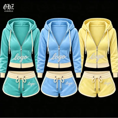 Y2k Custom Women's Clothing Velvet Zip up Hoodie Zipper Jacket Jogger Shorts Tracksuit Set for Women Velour Streetwear for Women