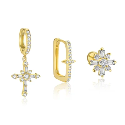 3 Pieces 1 Set Fashion 925 Sterling Silver Crystal Rhinestone Cross Clip on Earrings Elegant Zircon Cross Flower Earrings Set