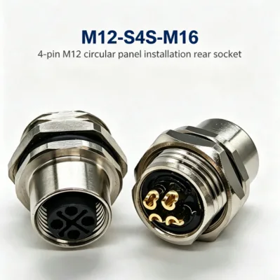 M12-S4S-M16 4-pin M12 Round IP67 Waterproof 12A 630V Rear Installation Female Socket Welded Automation Sensor Cable Connector
