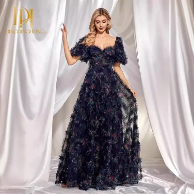 High-end Floral U-neck Women's Evening Dress Romantic Short-sleeved Form-fitting Party and Banquet Lace Floor-length Dress