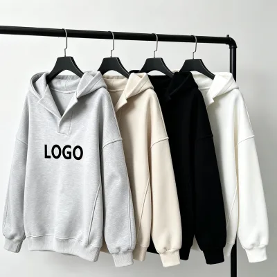 Oversized Embroidered Hooded Sweatshirt Drop Shoulder V Neck Cotton Fleece Pullover Autumn Heather Grey No Drawstring Ribbed