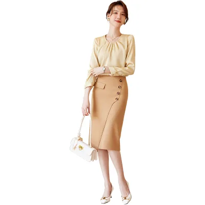 Fashion White Blouse and Zipper Pleat Design Brown Knee-Length Skirt for Women ODM OEM Formal Elegant Trendy Party Wear Slim Fit
