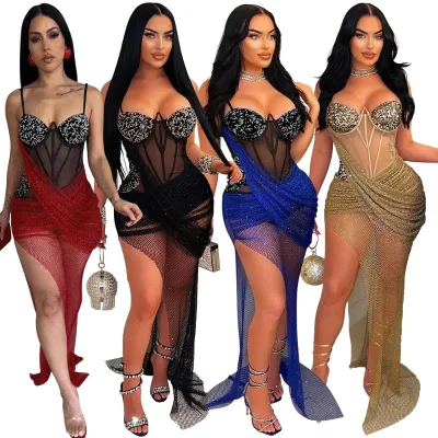 CY901098 Chic Concert Dress Corset Strap Bra Cocktail Club Party Mesh Dresses With Rhinestones