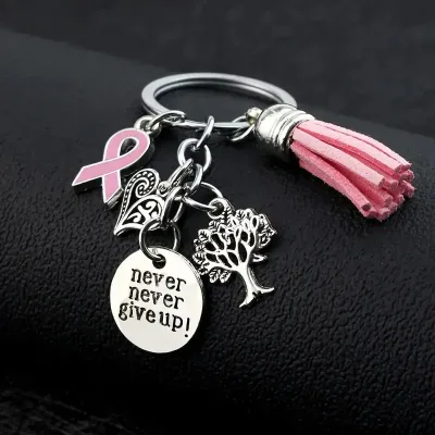HECION Tree of Life Keychain Hope Heart Charm Pink Tassel Pendant Inspirational Key Ring Gift for Women Girls