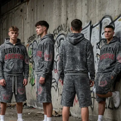 Wholesale Men's Vintage Graphic Full Zip Hoodie and Shorts Set Digital Full Printed Letter Silk Screen Streetwear Two Piece Set