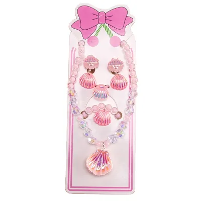 Hot Selling Children Jewelry Set No Ear Holes Ear Clips Kid Shell Necklaces Bracelets Set