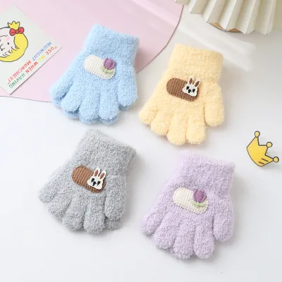 Children's Gloves Winter New Korean Candy Color Simple Full Finger Rabbit Flower Decoration Knitted Warm 1-3 Years Baby Gloves