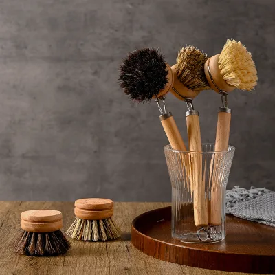 Natural Wooden Sisal Traditional Lightweight 62g Portable Soft Hair Non-Stick Cleaning Brush with Replaceable Head for Pot Use