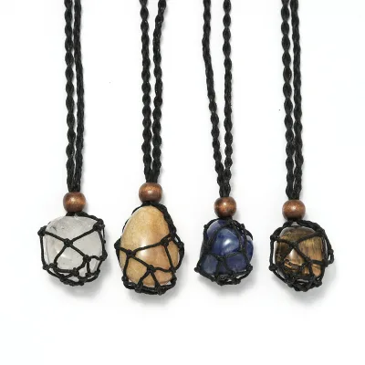 7 Chakra Healing Crystal Necklace Handmade Cord Cage and Hippie Energy Pendant Holder Real Crystal and Healing Stone