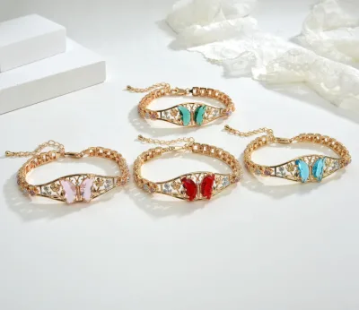 Elfic Laminated Gold Tricolor Rose Flower butterfly Bracelet Jewelry Luxury Crystal Zircon Women's Accessories