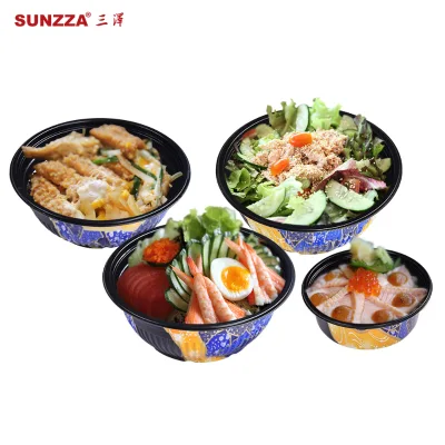 Sunzza Luxury Takeout Noodle Rice Japanese Patten Disposable Bowl Microwave Hot Soup Round Bowl with Inner Compartment Tray