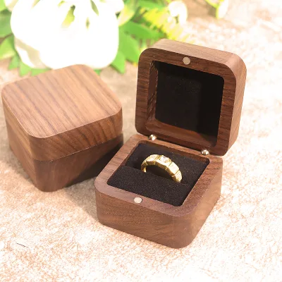 5.5cm Square Proposal Ring Box Black Walnut Wood Jewelry Gift Packaging Storage for Wedding Diamond Rings