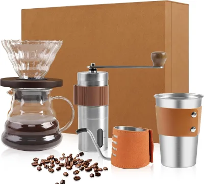 Mini 5 PCS Pour Over Coffee Kit Set Manual Stainless Steel Hand-brewed Filter Manual Coffee Grinder Set for Outdoor