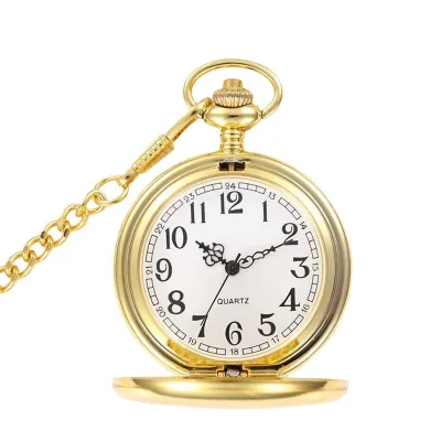 Luxury Smooth Gold Art Deco Battery Powered Pendant Pocket Watch with Chain