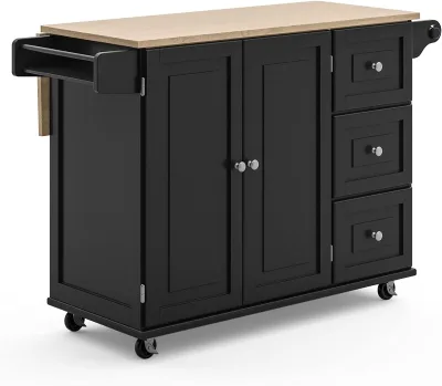 Kitchen Cart with Wood Top and Drop Leaf Breakfast Bar, Kitchen Cabinet Organizers and Towel Rack, 54 Inch Width, Black