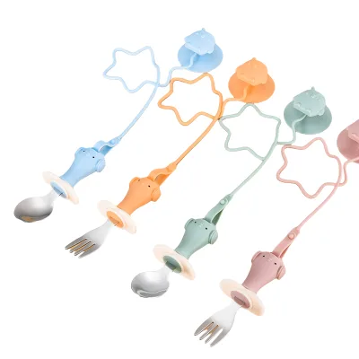 Baby Stainless Steel Spoon and Fork Silicone Anti-Drop Spoon and Fork Suction Cup Anti-Drop Chain