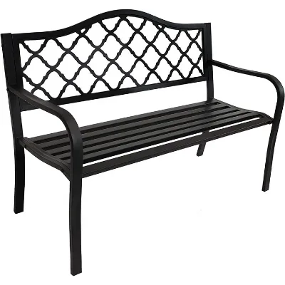 Antique Outdoor Black Cast Iron Grid Garden Bench Relaxing Park Bench with Armrests Backrest for Garden Patio Balcony