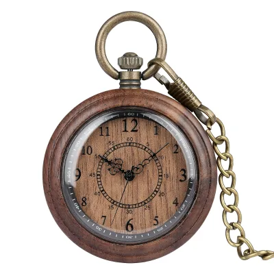 Handmade Vintage Antique Wood Spirit Pocket Watches Modern Quartz Custom OEM Wooden Pocket Watch with Stainless Steel Case