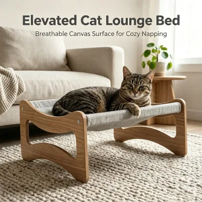 Stylish Wooden Cat Hammock Bed With Breathable Fabric for Indoor Living Room Pet Resting Area Home Furniture Decoration