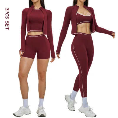 Women's Quick Dry Sports Set Contrast Piping Zip up Cropped Jacket Tank Top Butt Lifting Shorts Women's 3 Piece Yoga Set